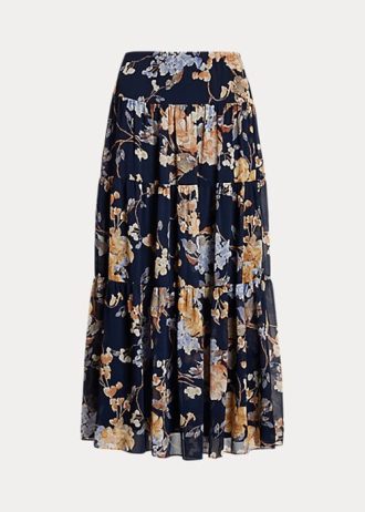 Flerfärgad dam Ralph Lauren blommiga crinkle Georgette skiktade kjolar Flerfärgad dam Ralph Lauren blommiga crinkle Georgette skiktade kjolar