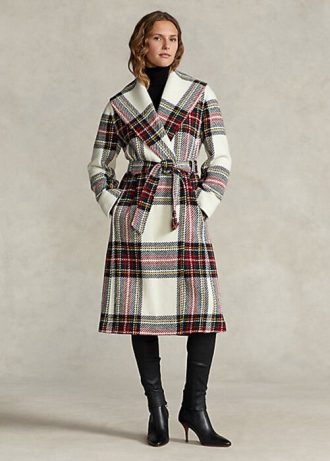 Flerfärgad dam Ralph Lauren plädad ullblandning fiskbensomslagsrockar