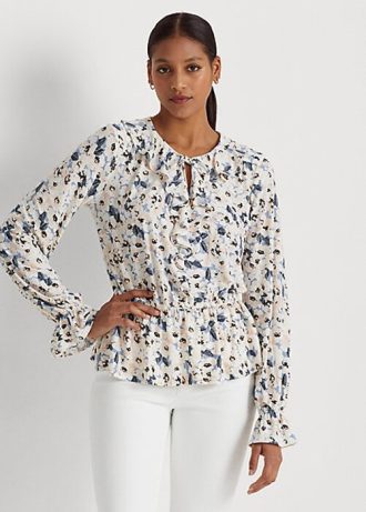 Flerfärgad Ralph Lauren blommig jersey för kvinnor med knytringning Peplum toppar