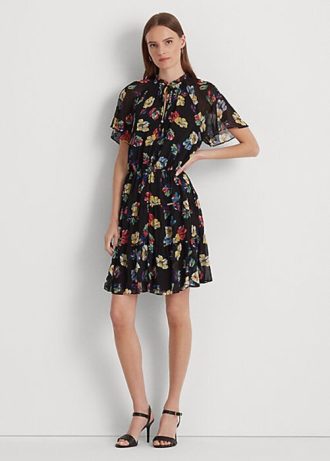 Flerfärgad Ralph Lauren Floral Crinkle Georgette-klänning för kvinnor