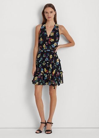 Flerfärgad Ralph Lauren Floral Crinkle Georgette Surplice Klänning för kvinnor