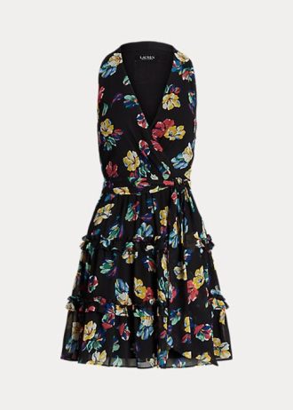 Flerfärgad Ralph Lauren Floral Crinkle Georgette Surplice Klänning för kvinnor