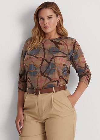 Flerfärgad Ralph Lauren plädad långärmad bomullsöverdel i stretchig bomull