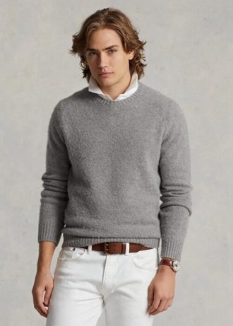 Grå herr Ralph Lauren mocka-patch ull tröjor med rund hals