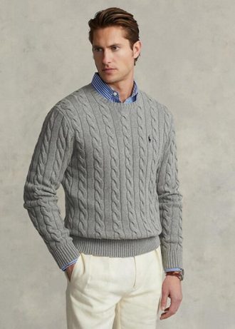 Grå Ralph Lauren kabelstickad bomullströja för män