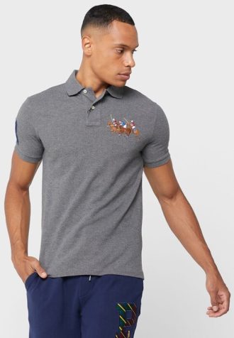 Grå Ralph Lauren pikétröjor med broderade logotyper för män