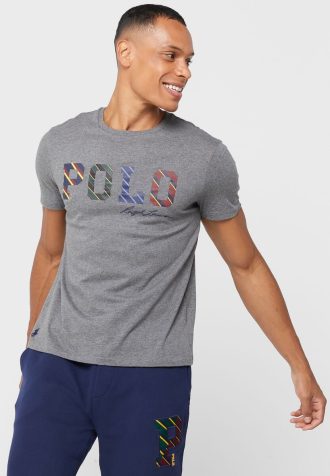 Grå T-shirts med rund hals för män Ralph Lauren Logotyp