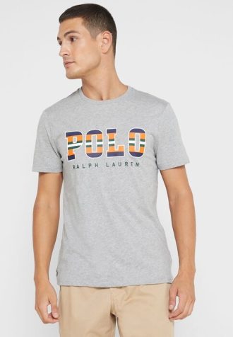 Grå T-shirts med rund hals för män Ralph Lauren Logotyp