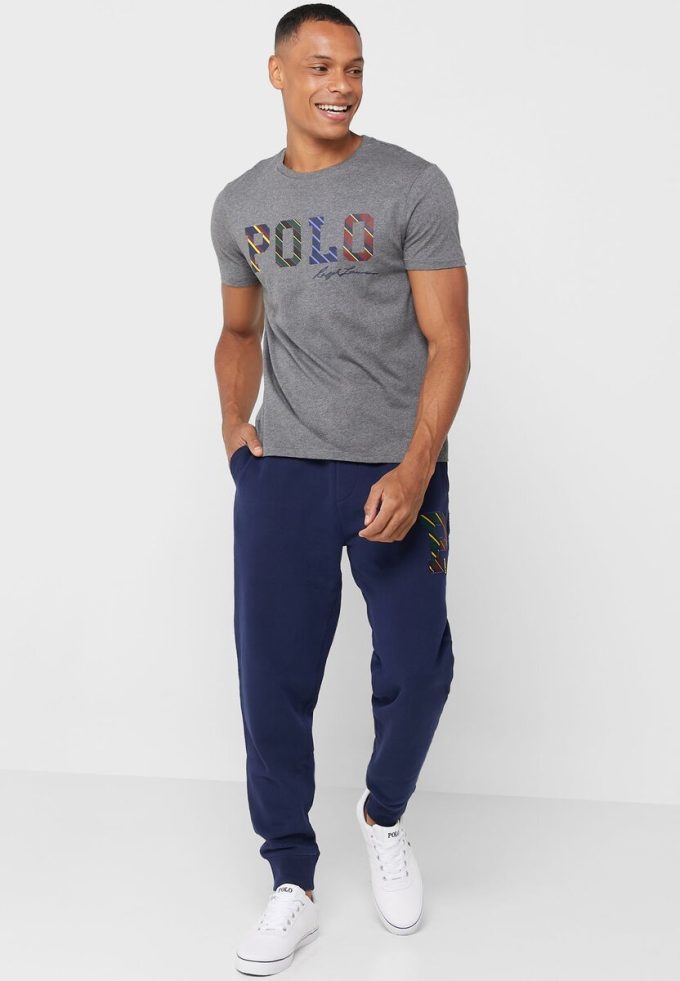 Grå T-shirts med rund hals för män Ralph Lauren Logotyp
