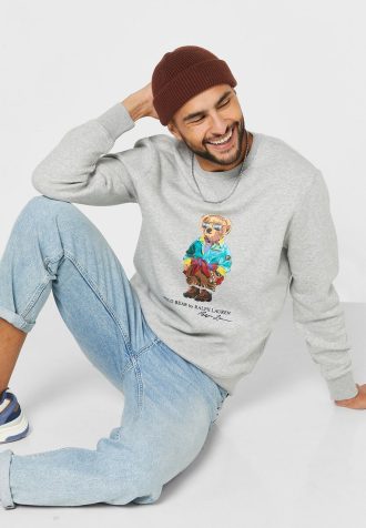 Grå tröja för män med Ralph Lauren tryckt pikétröja