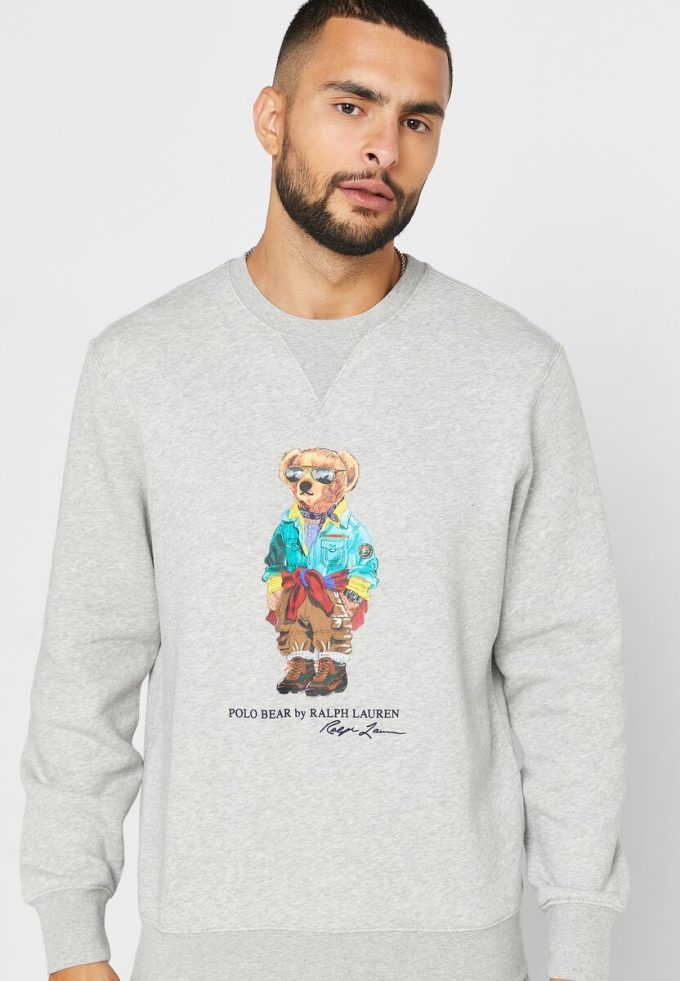 Grå tröja för män med Ralph Lauren tryckt pikétröja Grå tröja för män med Ralph Lauren tryckt pikétröja