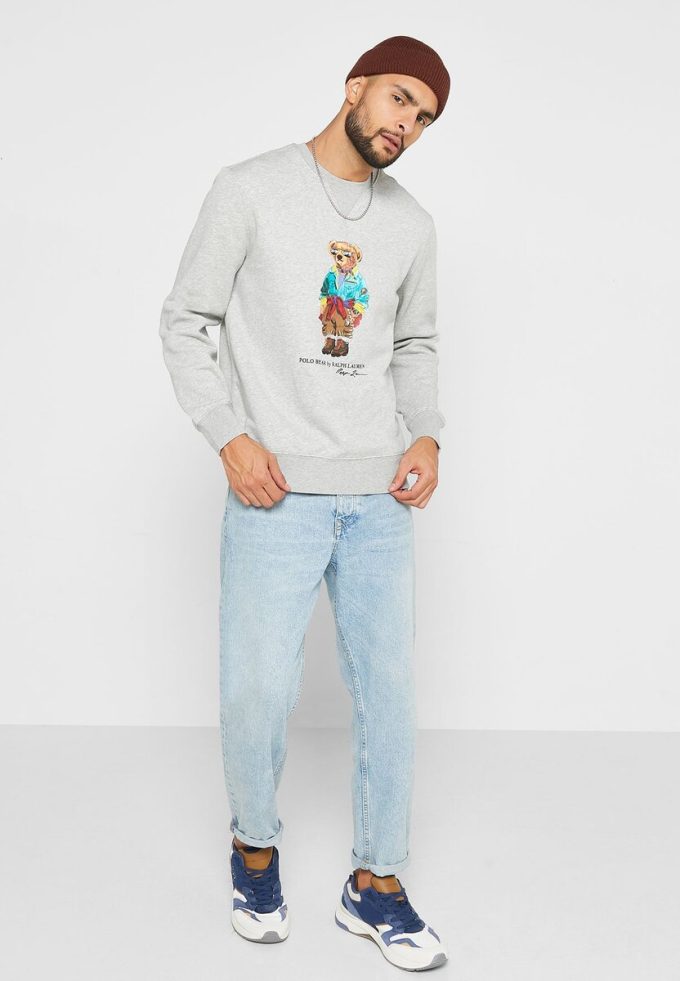 Grå tröja för män med Ralph Lauren tryckt pikétröja Grå tröja för män med Ralph Lauren tryckt pikétröja