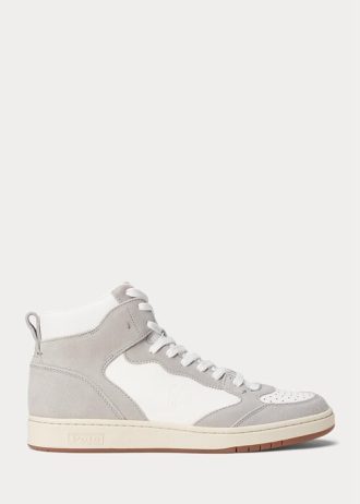 Grå/vit Ralph Lauren Court High-Top Sneakers i läder-mocka för män