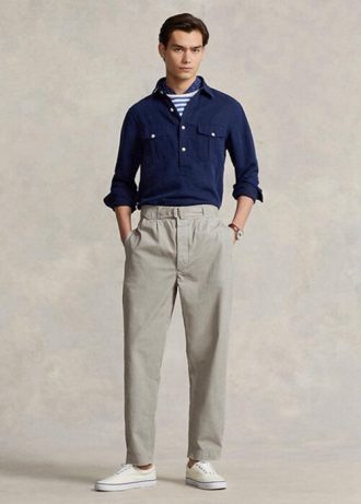 Gråa mäns Ralph Lauren plisserade Baggy Fit Canvas byxor