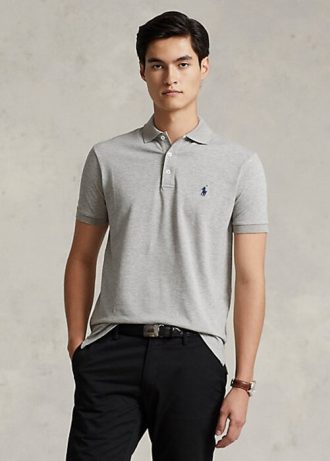 Gråa Ralph Lauren Custom Slim Fit Stretch Mesh pikétröjor för män Gråa Ralph Lauren Custom Slim Fit Stretch Mesh pikétröjor för män