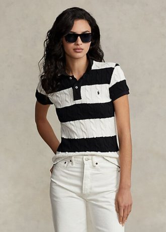 Grädde/svarta Ralph Lauren Slim Fit Kabelstickade pikétröjor för kvinnor