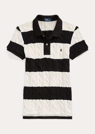 Grädde/svarta Ralph Lauren Slim Fit Kabelstickade pikétröjor för kvinnor
