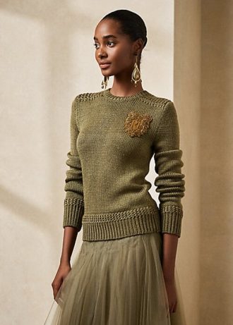 Gröna kvinnors Ralph Lauren utsmyckade sidenblandade tröjor med rund hals Gröna kvinnors Ralph Lauren utsmyckade sidenblandade tröjor med rund hals