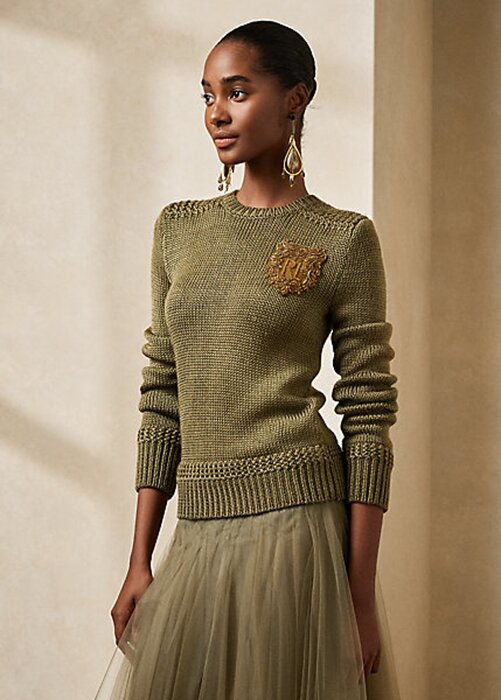 Gröna kvinnors Ralph Lauren utsmyckade sidenblandade tröjor med rund hals Gröna kvinnors Ralph Lauren utsmyckade sidenblandade tröjor med rund hals