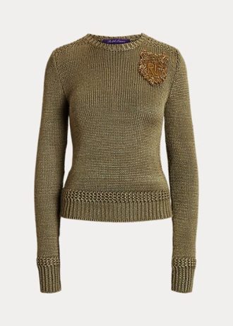 Gröna kvinnors Ralph Lauren utsmyckade sidenblandade tröjor med rund hals Gröna kvinnors Ralph Lauren utsmyckade sidenblandade tröjor med rund hals