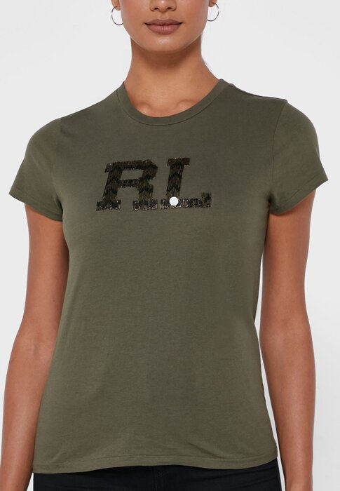 Gröna Ralph Lauren grafiska T-shirts med rund hals för kvinnor Gröna Ralph Lauren grafiska T-shirts med rund hals för kvinnor