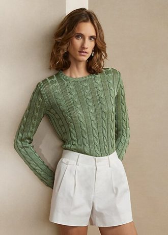 Gröna Ralph Lauren kabelstickade sidentröjor med rund hals för kvinnor Gröna Ralph Lauren kabelstickade sidentröjor med rund hals för kvinnor