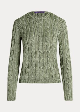 Gröna Ralph Lauren kabelstickade sidentröjor med rund hals för kvinnor Gröna Ralph Lauren kabelstickade sidentröjor med rund hals för kvinnor