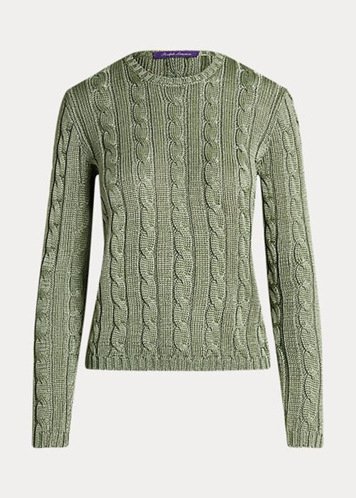 Gröna Ralph Lauren kabelstickade sidentröjor med rund hals för kvinnor Gröna Ralph Lauren kabelstickade sidentröjor med rund hals för kvinnor