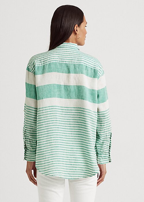 Gröna Ralph Lauren randiga överdimensionerade linneskjortor för kvinnor Gröna Ralph Lauren randiga överdimensionerade linneskjortor för kvinnor