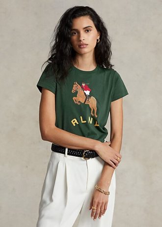 Gröna T-shirts med logotyp för Ralph Lauren Equestrian Appliqué för kvinnor
