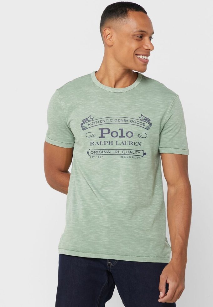 Gröna t-shirts med rund hals för män Ralph Lauren logotyp Gröna t-shirts med rund hals för män Ralph Lauren logotyp