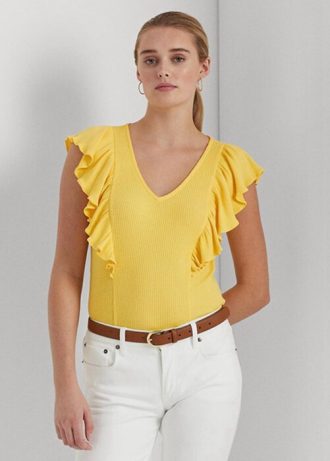 Gula Ralph Lauren Ralph Lauren T-shirts med volanger i ribbstickade t-shirts