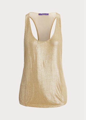 Guld dam Ralph Lauren Presling utsmyckade tyll blus toppar