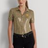 Guld Ralph Lauren Pikétröja med folietryck för kvinnor Guld Ralph Lauren Pikétröja med folietryck för kvinnor