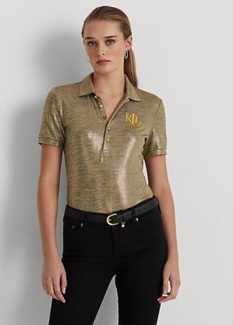 Guld Ralph Lauren Pikétröja med folietryck för kvinnor