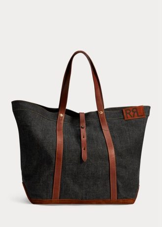 Indigo kvinnors Ralph Lauren lädertrim denim tygväskor