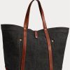 Indigo kvinnors Ralph Lauren lädertrim denim tygväskor Indigo kvinnors Ralph Lauren lädertrim denim tygväskor