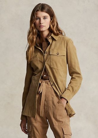 Kaki Ralph Lauren lammskinnsmockaöverskottskjortor för kvinnor