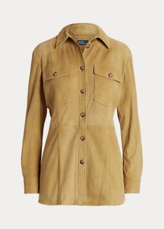 Kaki Ralph Lauren lammskinnsmockaöverskottskjortor för kvinnor