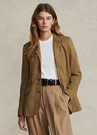 Khaki Ralph Lauren Lammskinn Mocka Hacking Blazers för kvinnor