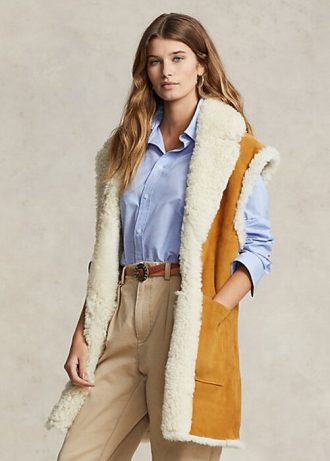 Khaki Ralph Lauren Vändbar Shearling-väst för kvinnor
