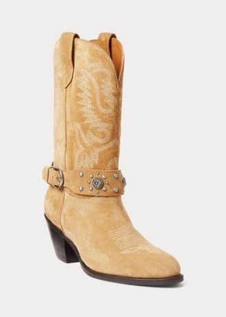 Khaki, Ralph Lauren Westernstövlar i kalvmocka med dubbar för kvinnor