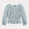 Kräm/blå dam Ralph Lauren Gingham Voile Peplum blusskjortor Kräm/blå dam Ralph Lauren Gingham Voile Peplum blusskjortor