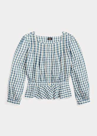 Kräm/blå dam Ralph Lauren Gingham Voile Peplum blusskjortor