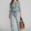 Kräm/blå dam Ralph Lauren Gingham Voile Peplum blusskjortor Kräm/blå dam Ralph Lauren Gingham Voile Peplum blusskjortor