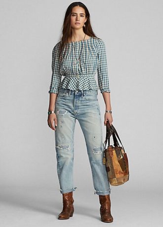 Kräm/blå dam Ralph Lauren Gingham Voile Peplum blusskjortor