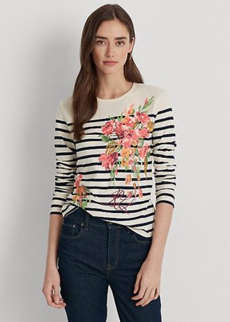 Kräm / Marinblå Dam Ralph Lauren Blommor & Randig jersey långärmad T-shirt