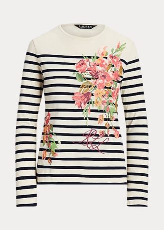 Kräm / Marinblå Dam Ralph Lauren Blommor & Randig jersey långärmad T-shirt