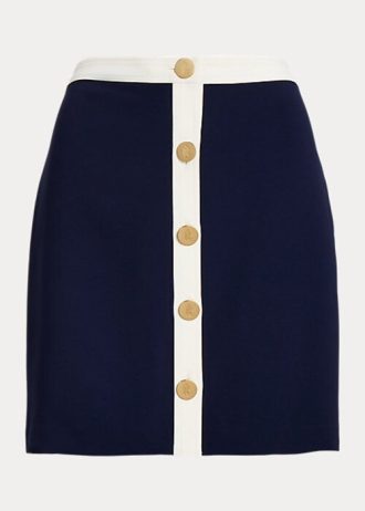 Kräm/marinblå dam Ralph Lauren knappframtill tvåfärgade kräpparkjolar Kräm/marinblå dam Ralph Lauren knappframtill tvåfärgade kräpparkjolar