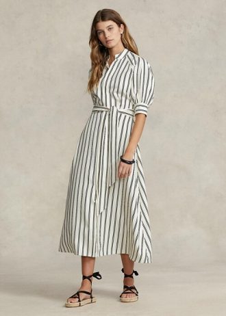 Kräm/svart Ralph Lauren Randig Mulberry Silk Klänning för kvinnor